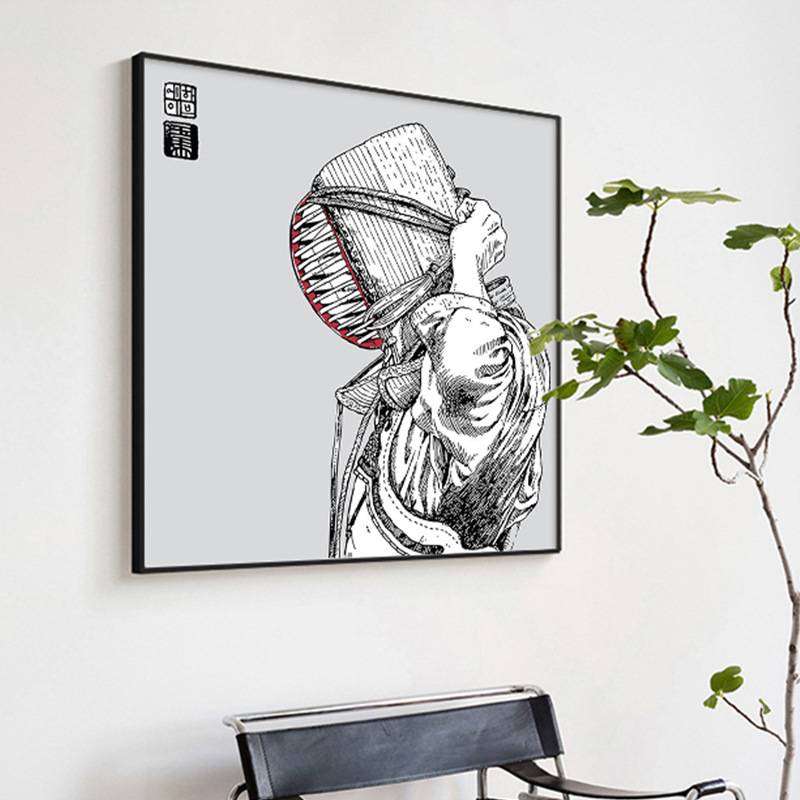 现代简约黑白简笔画击剑人物书房装饰画挂画卧室床头方形壁画摆画图片