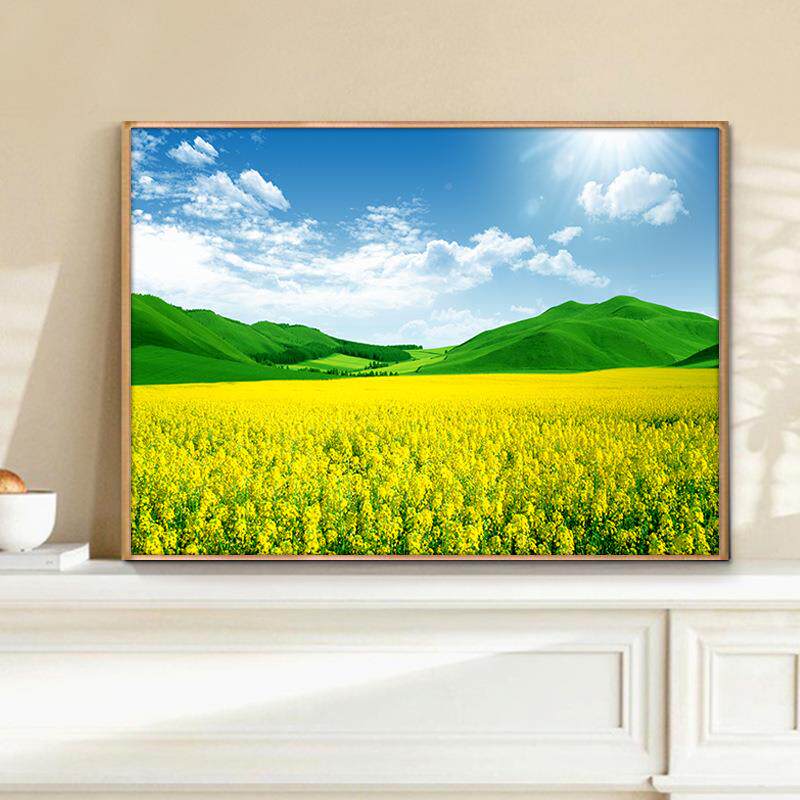 油菜花装饰画天草地蓝花333海挂画风景白花卉客厅餐云厅卧室房间