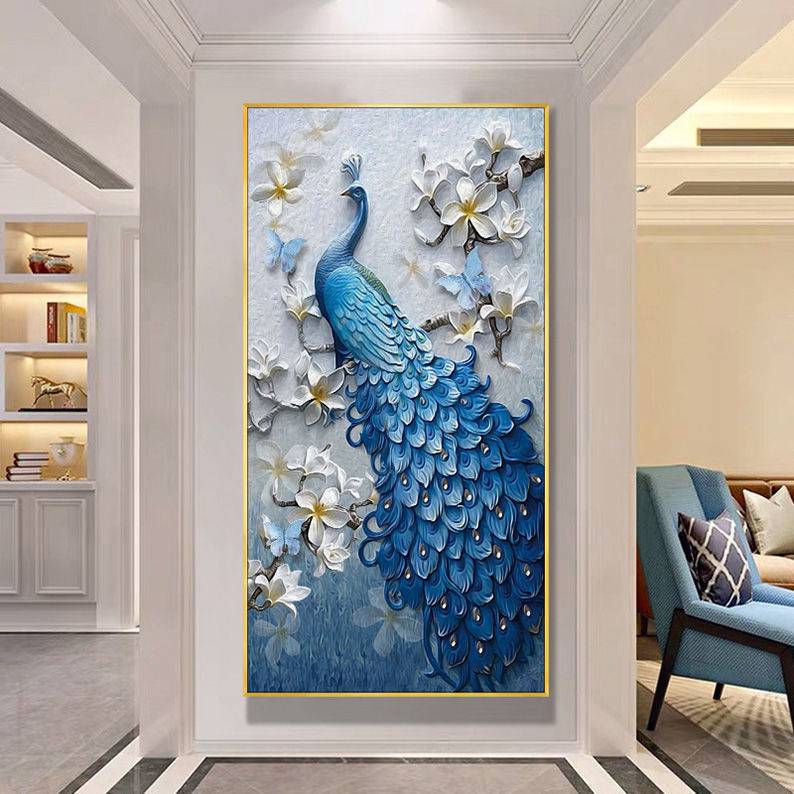 孔雀玄关画入户装饰画晶瓷镶钻走廊过道挂画寓意好壁画背景画图片