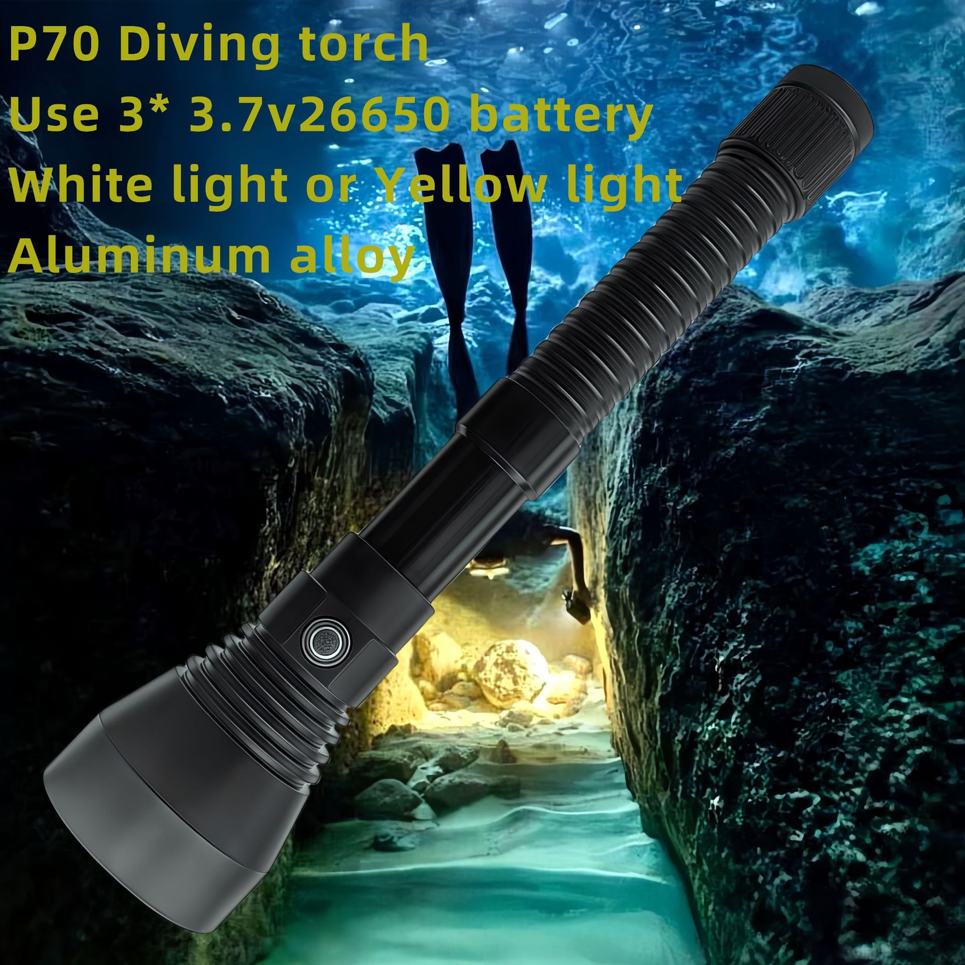P70潜水手电筒防水100米强光3000流明使用3节26650水下打捞潜水灯