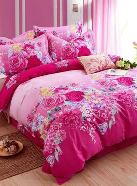 纯棉三LDZ四套全棉床单红色牡玫丹花件套玫瑰花被1.5