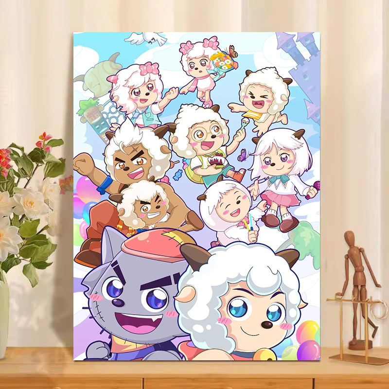 喜羊羊与灰太狼数字油画diy填色手工填色手绘油彩画丙烯颜料减压