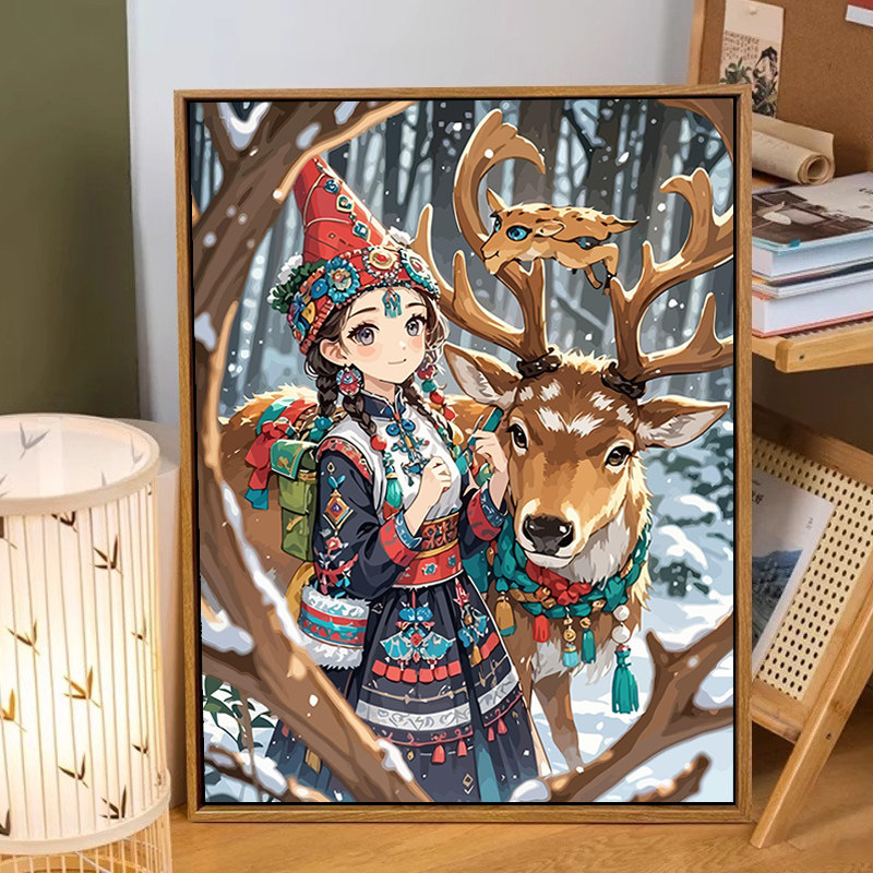 成人解压画数字油画diy填充手绘手工填色涂色玄关油彩 梅花鹿女孩