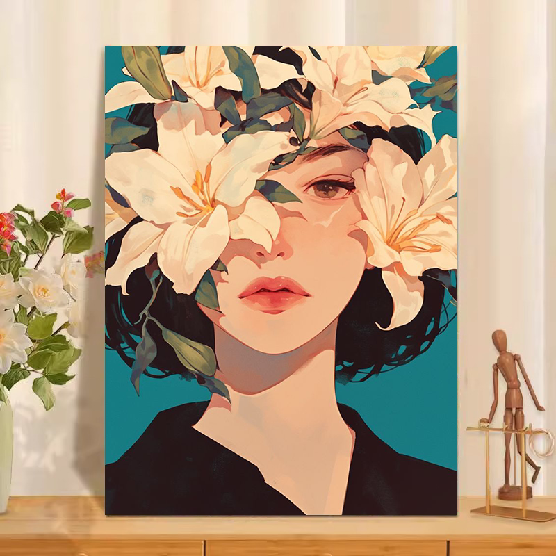 香水百合数字油画diy填色手工填色手绘油彩画丙烯颜料减压填色画