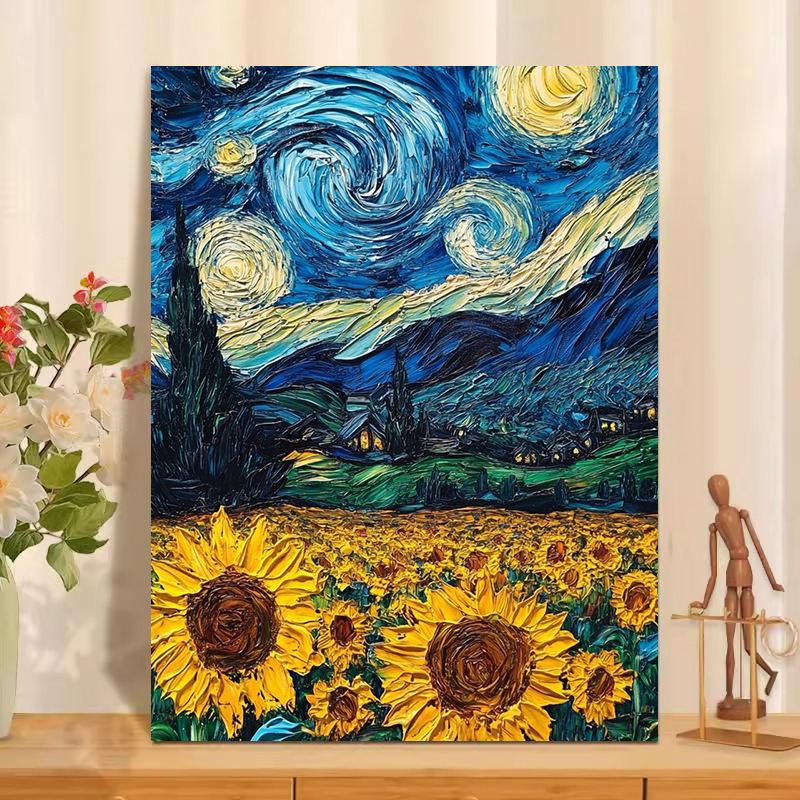 梵高星空数字油画diy填色手工填色手绘油彩画丙烯颜料减压装饰画
