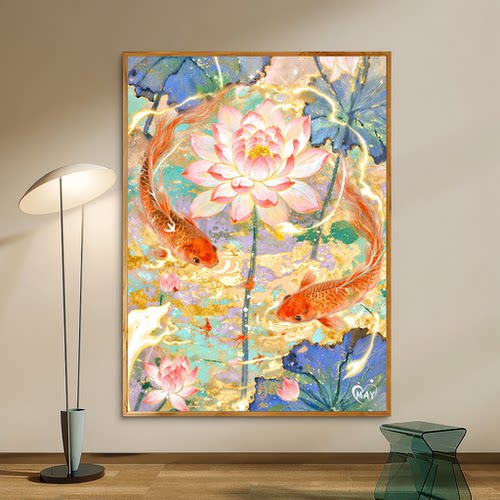 成人解压画数字油画diy填充手绘手工填色涂色玄关油彩画 九鱼成祥