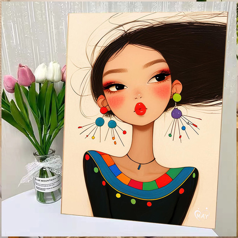 成人解压画数字油画diy填充手绘手工填色涂色玄关油彩画 时尚女孩