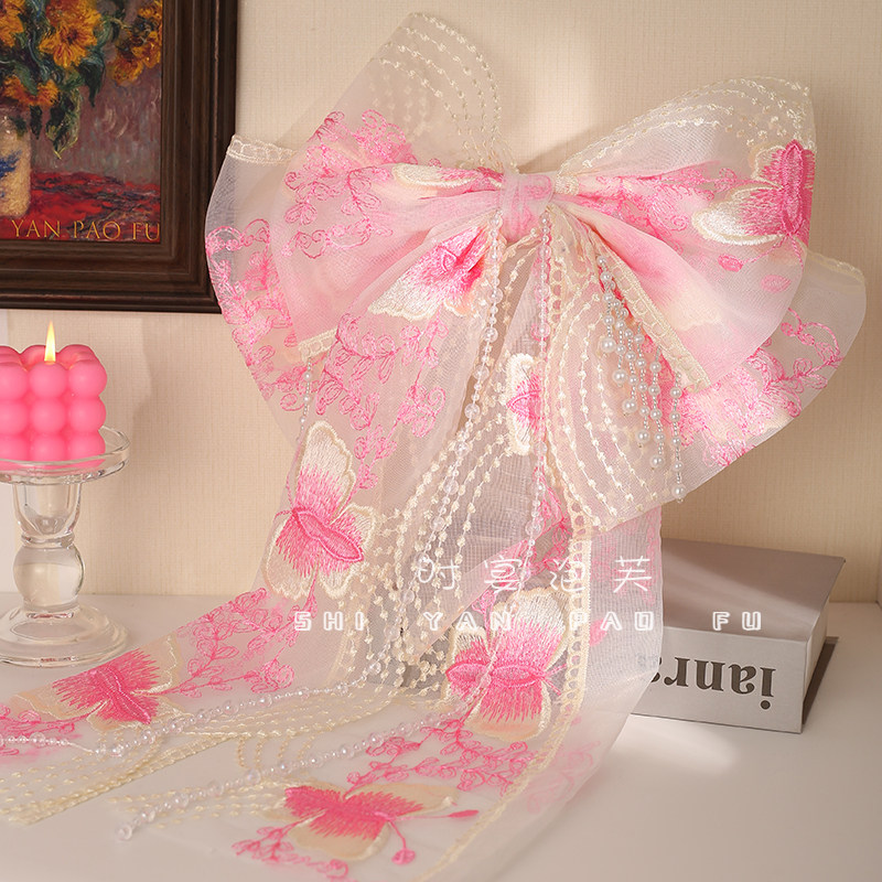 锻雾巴黎弹簧夹蕾丝网纱蝴蝶结发夹珍珠飘带大号一字夹气质头饰女