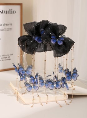 柒里沐早秋流光风发夹手工印花蝴蝶流苏国风鲨鱼夹设计新中式发饰