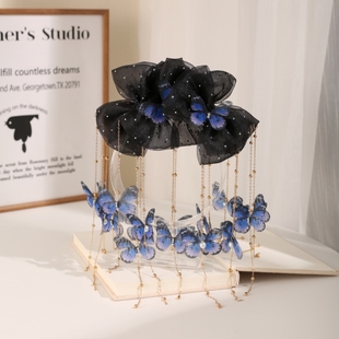 柒里沐早秋流光风发夹手工印花蝴蝶流苏国风鲨鱼夹设计新中式发饰