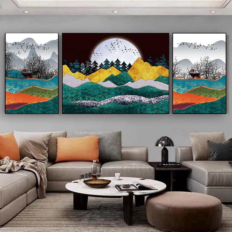 客厅装饰画现代简约沙发背景墙挂画大气墙画晶瓷北欧三联画壁画图片