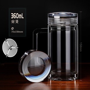 加厚水晶底办公杯带把手双层玻璃杯耐高温防烫茶杯水杯男士无