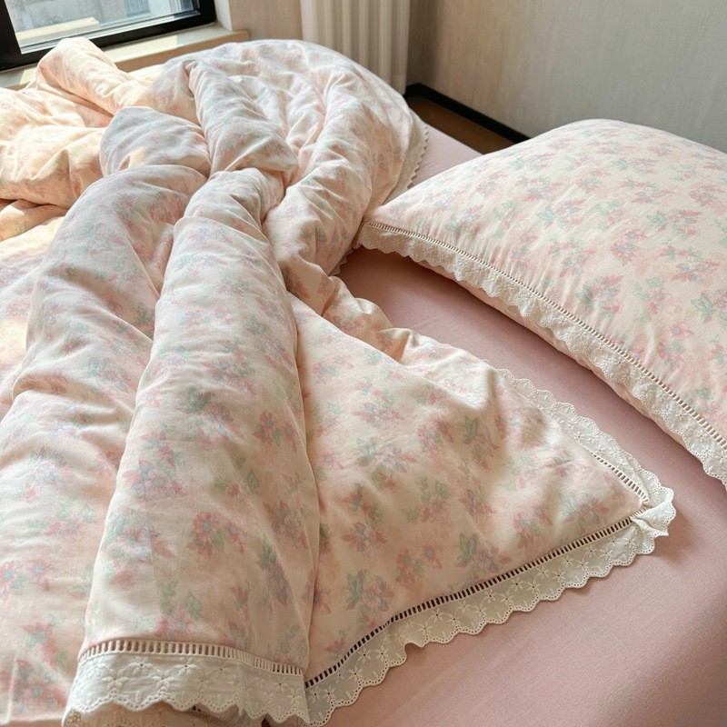 A类母婴级全棉纯棉双层纱镂空蕾丝花边皱皱棉四件套床单三件套