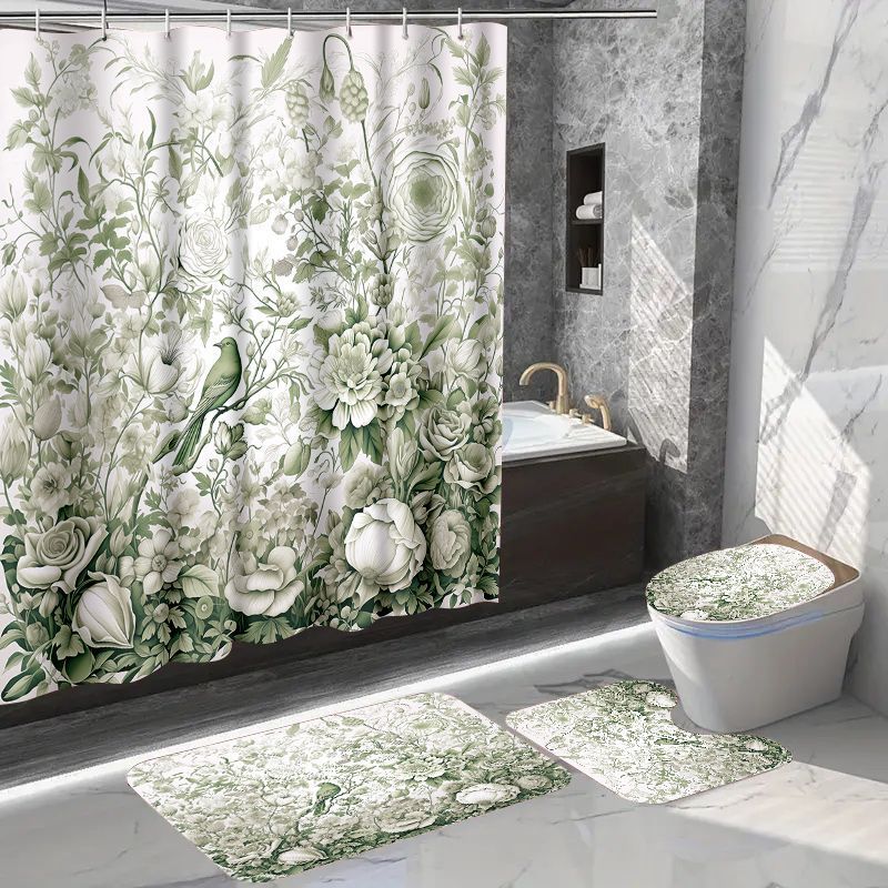 temu春秋花朵3d数码印花防水防潮四加厚涤纶浴室窗帘浴帘浴帘