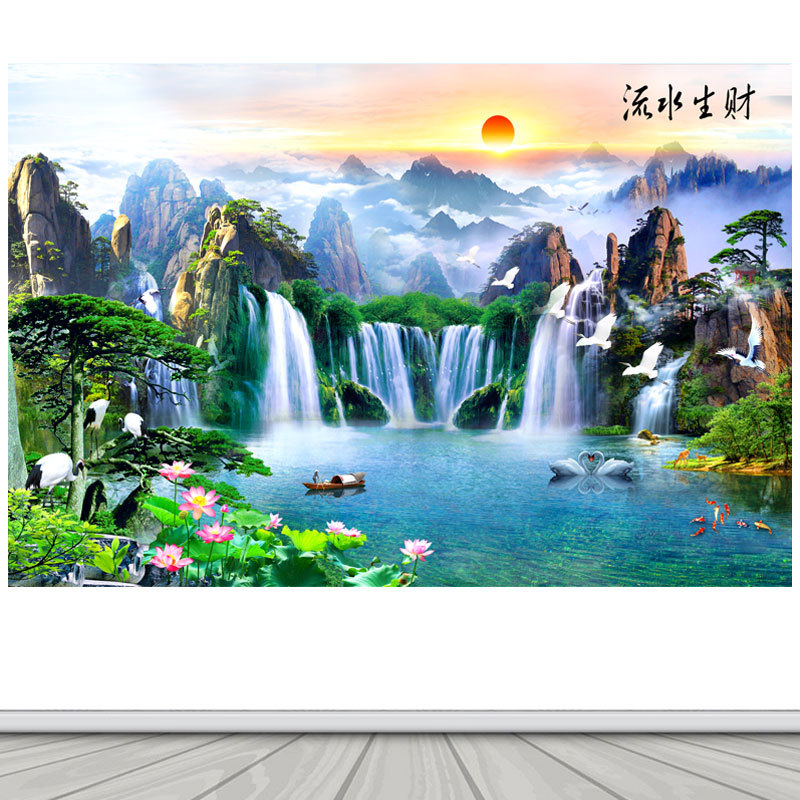 迎客松美景壁画 流水生财荷花装饰图 沙发背景墙自粘贴纸墙画图片