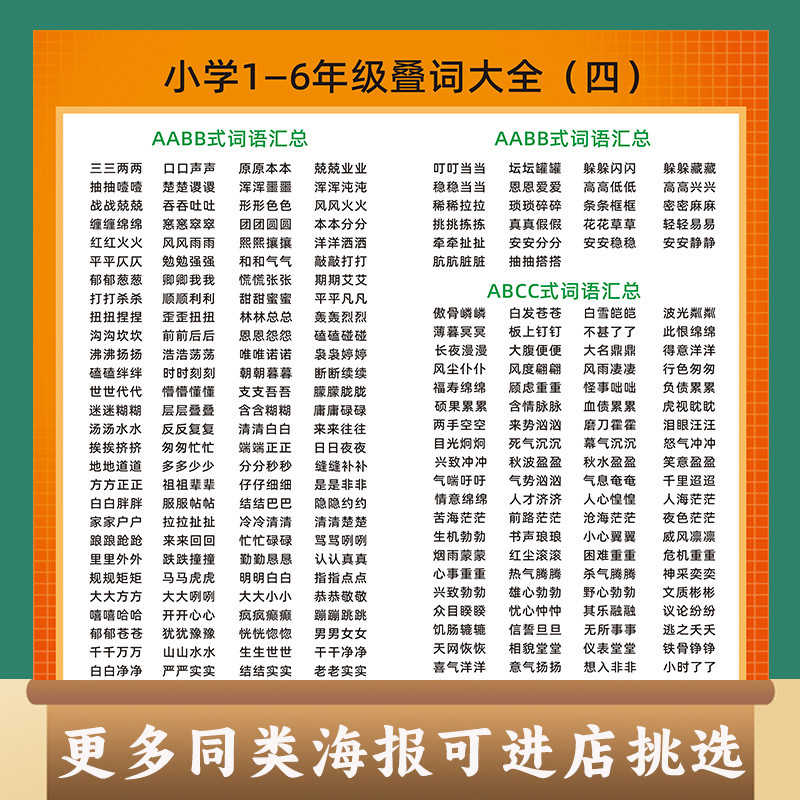 小学叠词量词大全挂图一二年级abab aabb abc式词语叠词汇总表墙