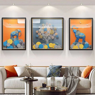 现代简约客厅装饰画手工沙发背景墙挂画轻奢高档立体实物三联画鹿