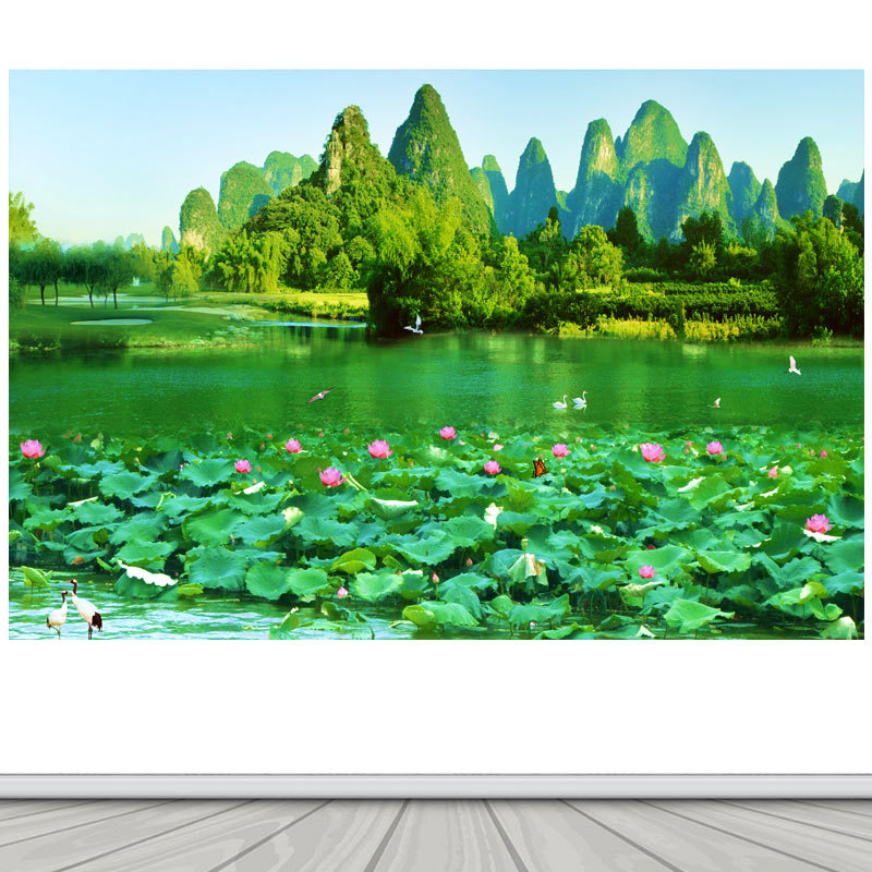 青山绿水海报贴纸装饰画 荷花美景壁画 办公室背景墙自粘贴纸画图片