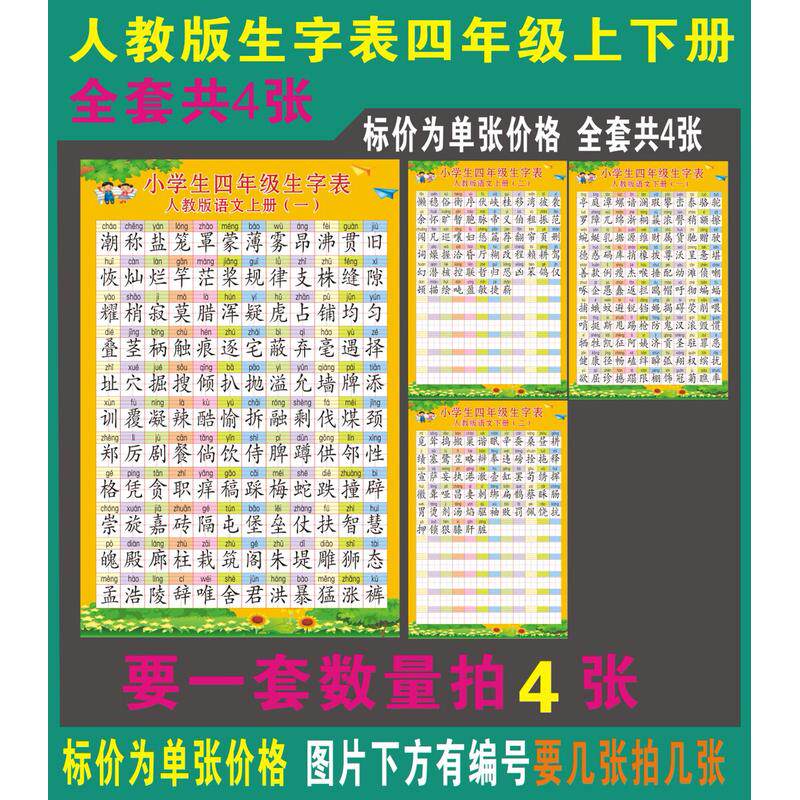 小学生4四年级全套人教版上下册生字表挂图识字学习级海报墙贴画