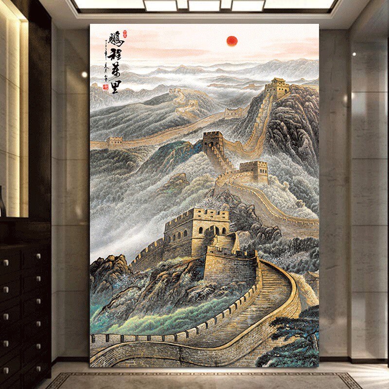 万里长城风景画鹏程万里日出聚财办公室海报装饰画风水墙贴自粘画