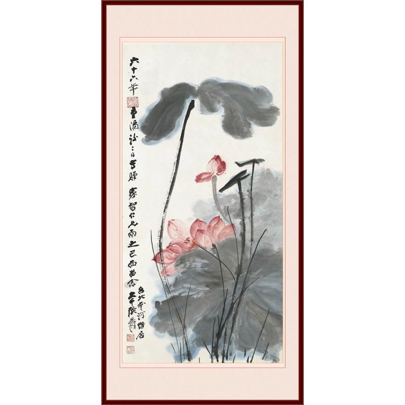 装饰画客厅沙发玄关书房办公室无框画芯山水国画竖版张大千荷花图图片