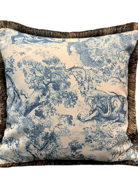 复古毛边动物灰蓝色植物印花腰靠抱枕方形沙发雪尼尔45x45cm