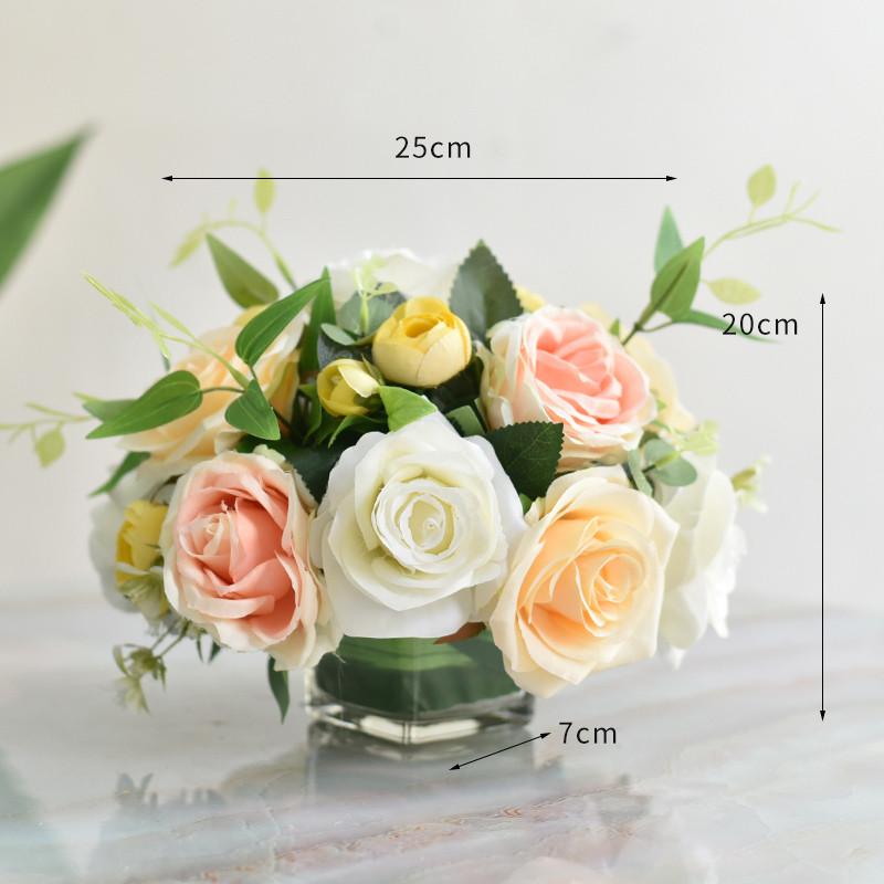 饭厅玻璃方杯餐桌花摆件酒店宴会假花仿真花商务会议桌面装饰花艺