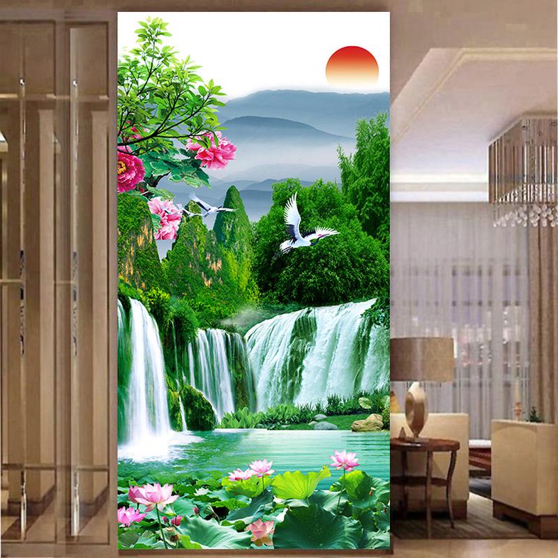 新中式山水画瀑布荷花客厅餐厅竖版玄关装饰画墙贴壁挂画自粘画图片