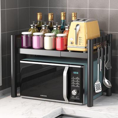 本王可伸缩厨房置物架双层家用台面置物架收纳烤箱微波炉架联联严