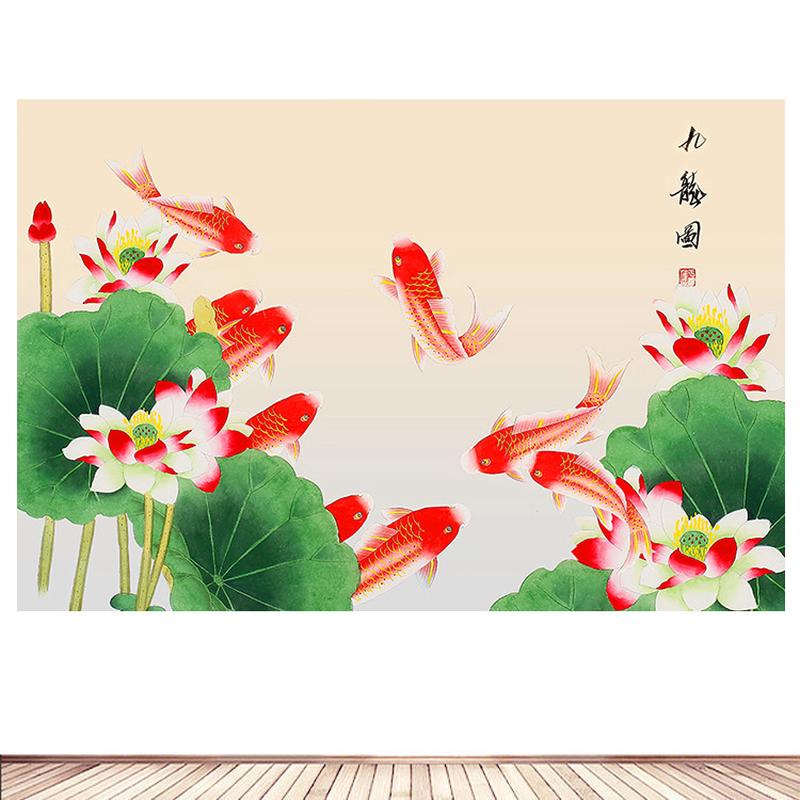 荷花九鱼图客厅风水招财装饰画餐厅背景墙贴锦鲤鸿运当头自粘挂画图片