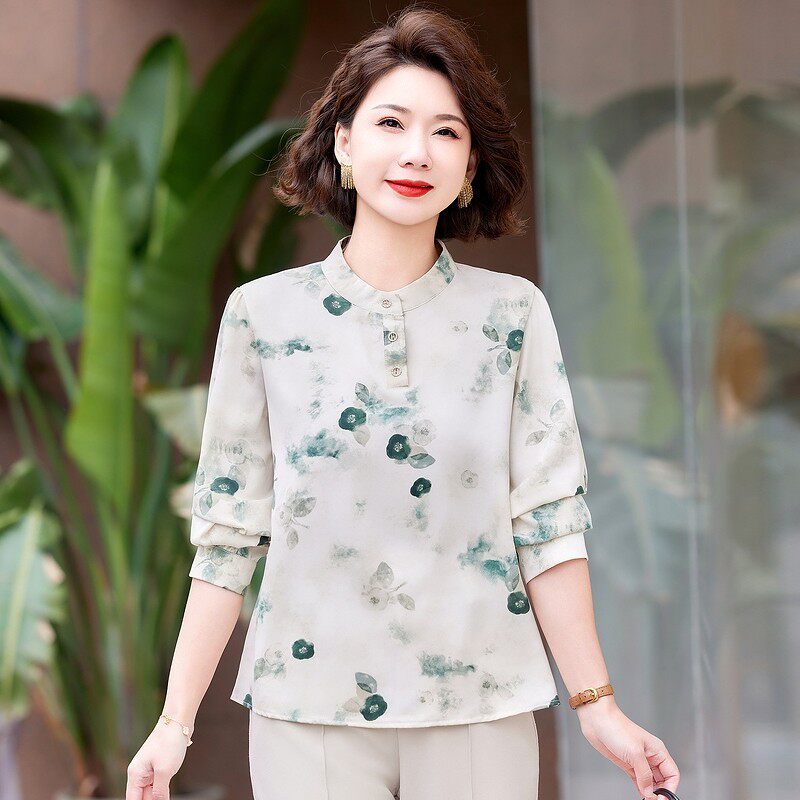 直销中年女大码杭州桑蚕丝上衣贵夫人套装新款妈妈春夏长袖真丝t