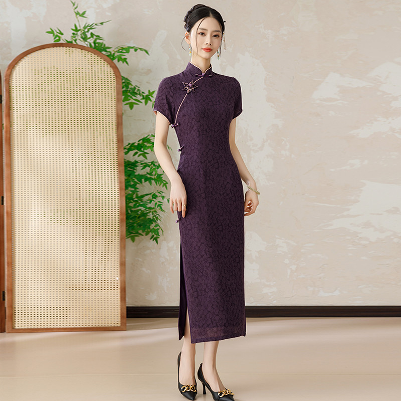 轻奢高货紫色送考旗袍女妈妈长款2025新款夏季新中式日常可穿喜婆