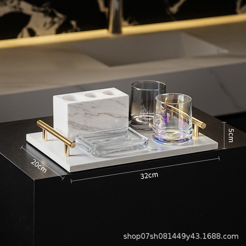 卫生间浴室台面置物洗漱大理石高端牙刷架一家三口漱口杯双人托盘