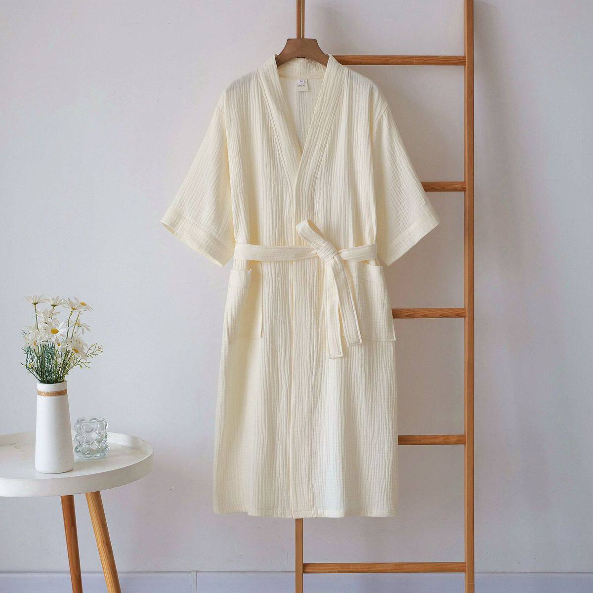 春夏季薄款纯棉双层纱布男女浴袍大码吸水情侣纯色全棉睡袍家居服