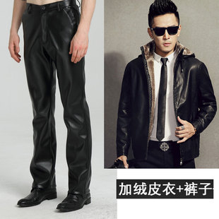 男加厚加绒一套机车冬季 套装 保暖休闲 皮衣皮裤 骑行摩托车外卖男士