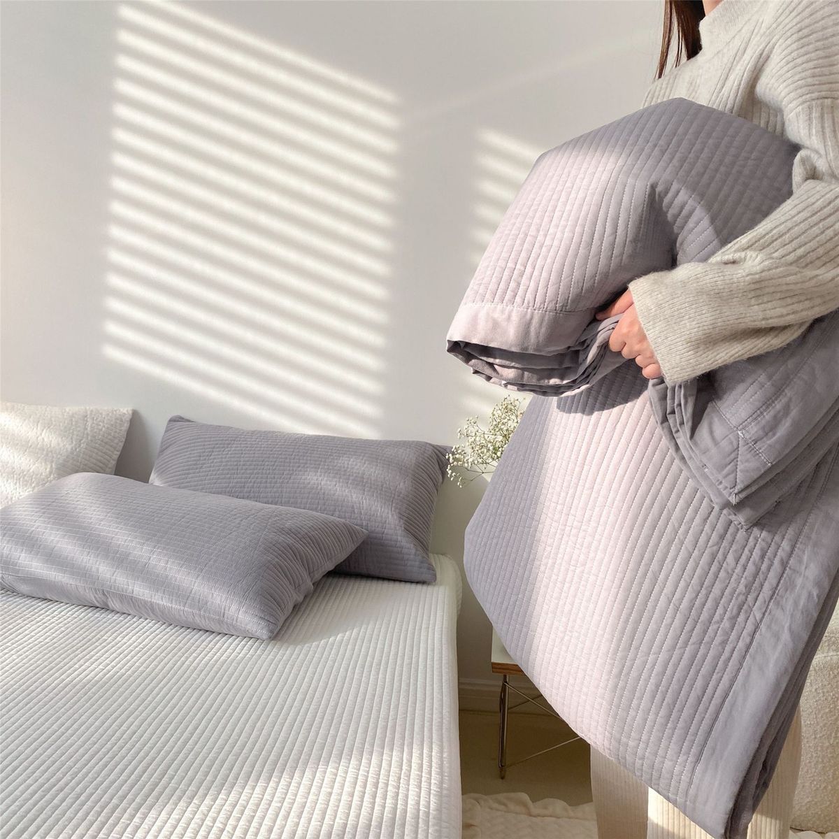 韩国简约竖直条全棉床盖三件套绗缝夹棉双面纯棉床单纯色榻榻米垫