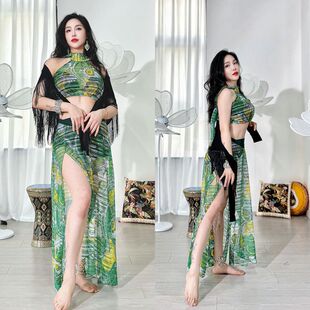 Swegal肚皮舞套装新款网纱抹胸加开叉裙不勒腰红色波点