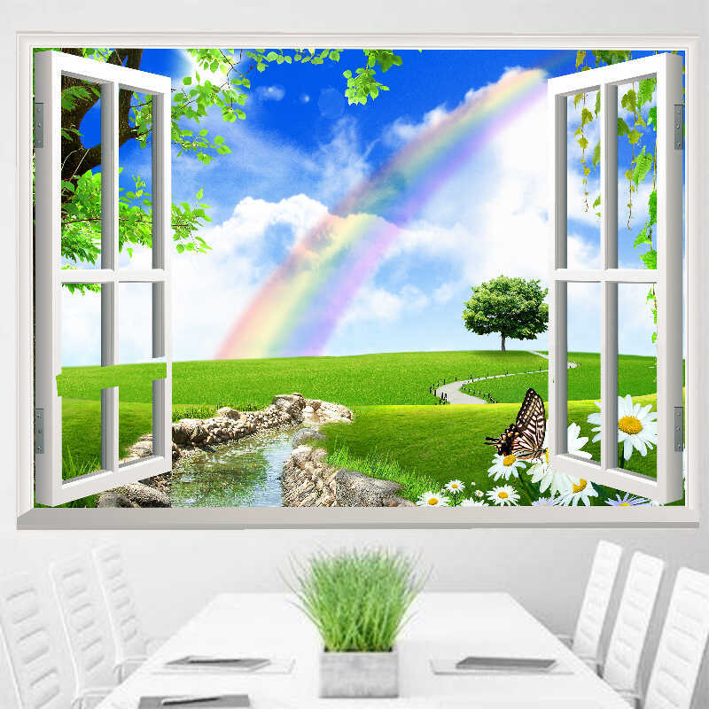 3D假窗户装饰画风景贴画仿真立体壁画客厅背景卧室床头自粘墙壁画图片