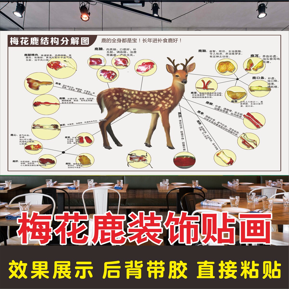 复古梅花鹿海报贴纸梅花鹿肉结构分解图餐厅背景墙装饰画自粘贴画图片