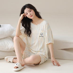夏季 冰丝睡衣套装 新品 短袖 休闲 家居服薄款 可外穿女士学生夏天韩版