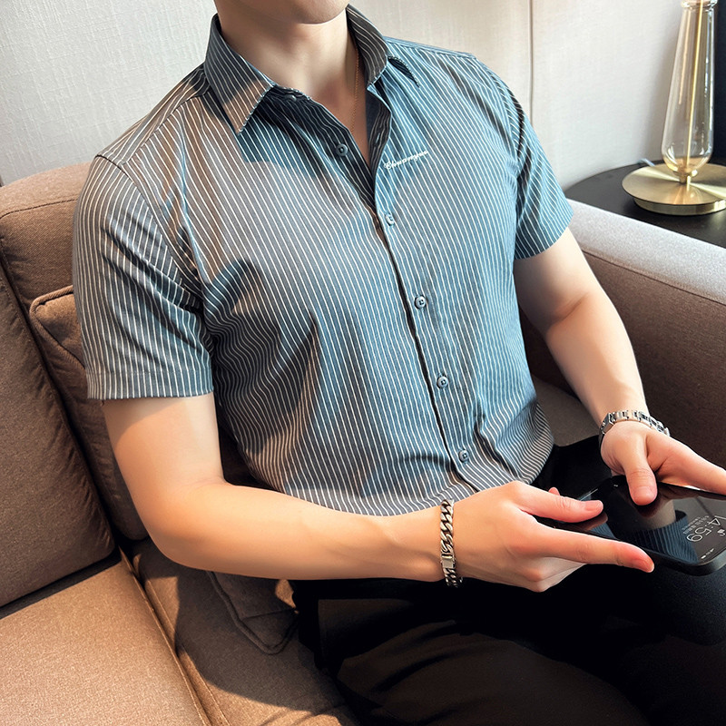 好货高级感刺绣条纹短袖衬衫男夏季薄款时尚潮流修身抗皱免烫休闲