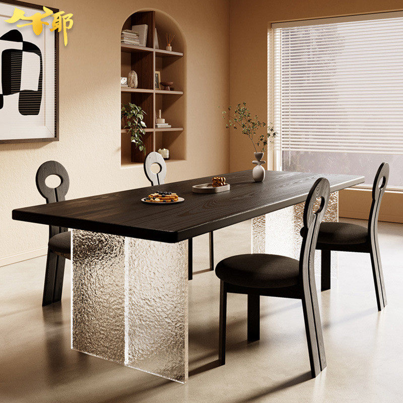 侘寂风悬浮黑色餐桌白蜡木水波纹亚克力餐桌椅设计师方形实木桌子
