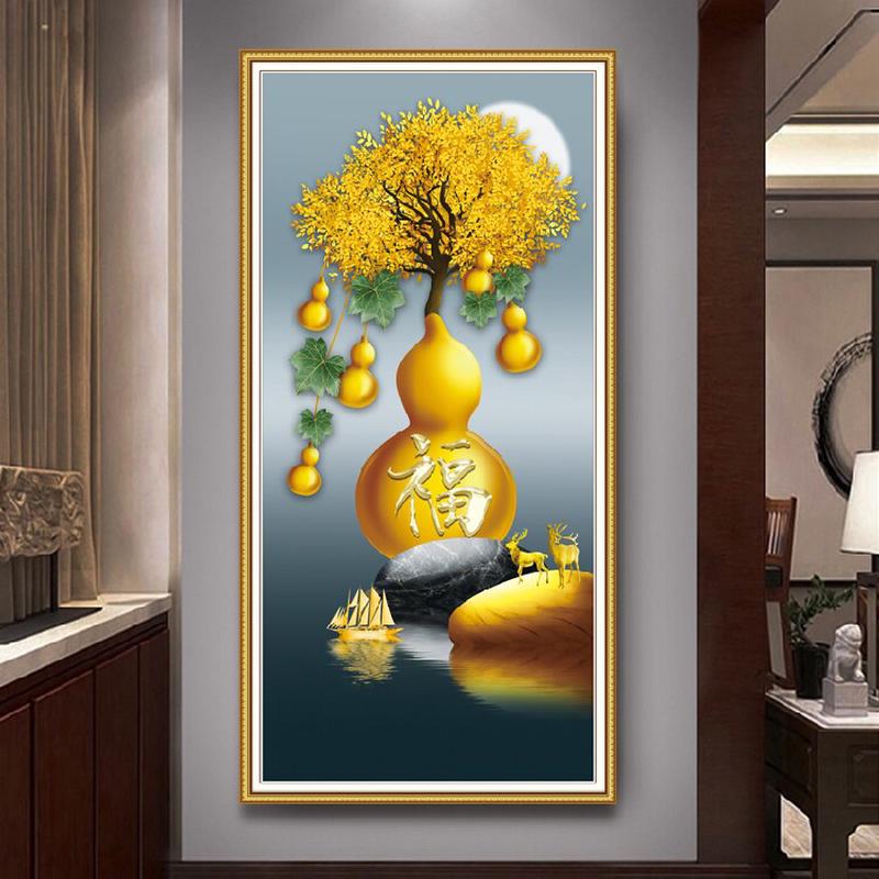 新中式玄关装饰画竖版北欧麋鹿入户走廊贴画过道五福临门客厅壁画图片