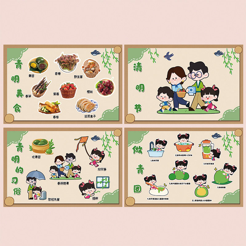 幼儿园清明节祭祀传统文化习俗由来青团美食制作踏青主题环创布置