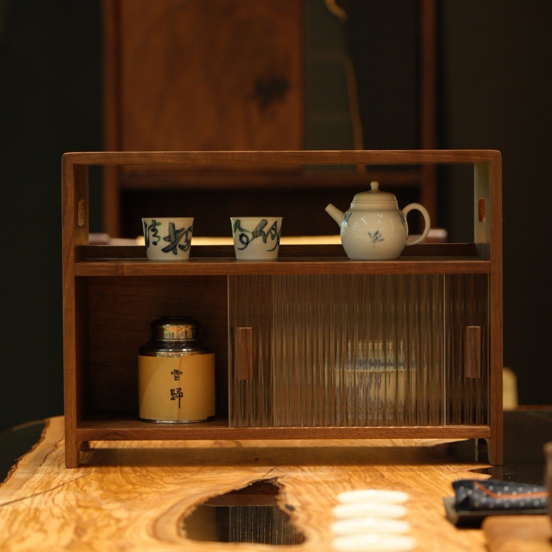 桌面杯子水杯收纳盒黑胡桃实木厨房储物收纳柜餐桌茶具客厅置物架