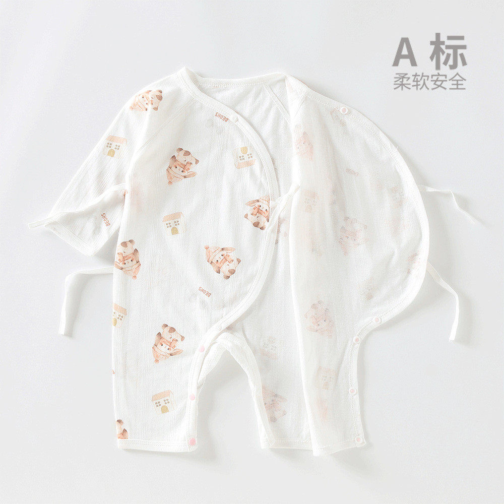 婴儿夏季连体衣网眼薄款轻柔透气夏装偏襟系带a类宝宝棉衣服厂家