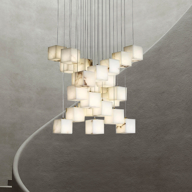 后现代复式楼旋转楼梯间大吊灯西班牙云石全铜别墅挑高中空吊灯