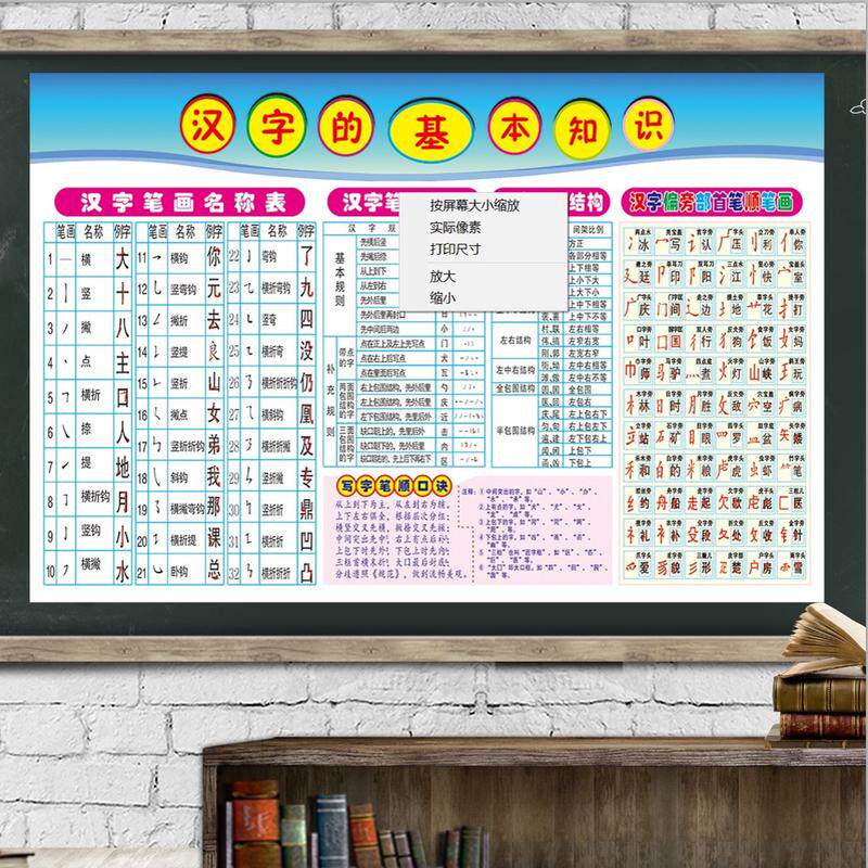 汉字基本知识挂图笔画名称表偏旁部首笔顺间架结构口诀小学墙贴画