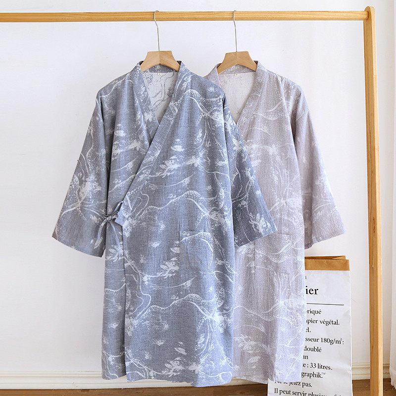纯棉纱布男士日式和服睡袍提花睡衣薄款全棉家居服浴衣汗蒸服