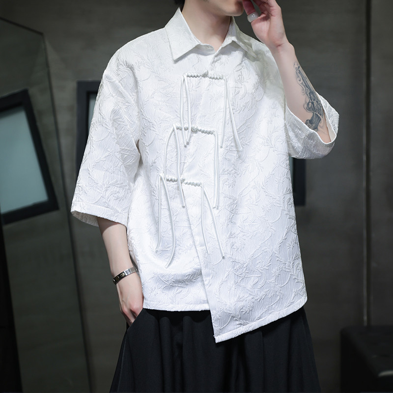 现货夏季衬衫男2025新款短袖衬衣新中式男装中国风汉服唐装五分袖